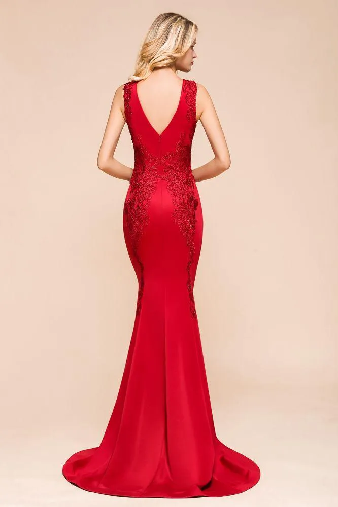 Sexy V-neck Sleeveless Mermaid Evening Maxi Gown Floral Appliques Party Dress with Sweep Train