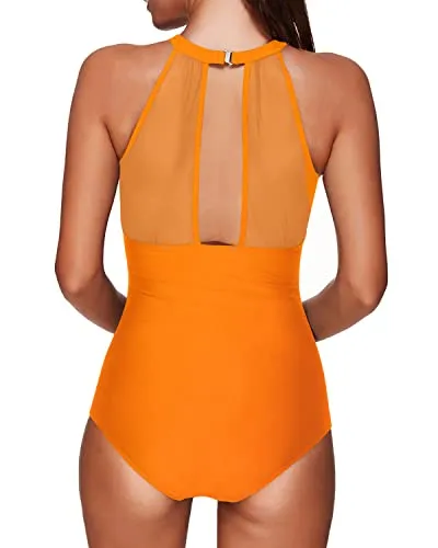 Sheer Halter High Neck Mesh One Piece Swimwear-Orange