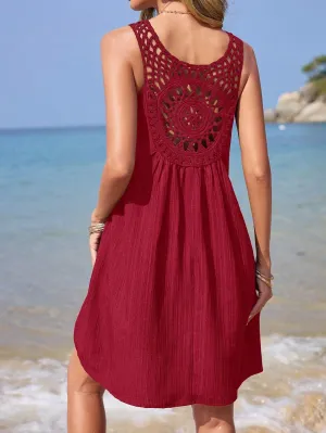 SHEIN Frenchy Summer Vacation Wedding Season, Casual Boho Chic Solid Color Exquisite Grain Fabric Panelled Dreamcatcher Crochet Hollow Out V-Neck Loose Doll Dress, Elegant Romantic, Cute Dress, Swimsuit Coverup