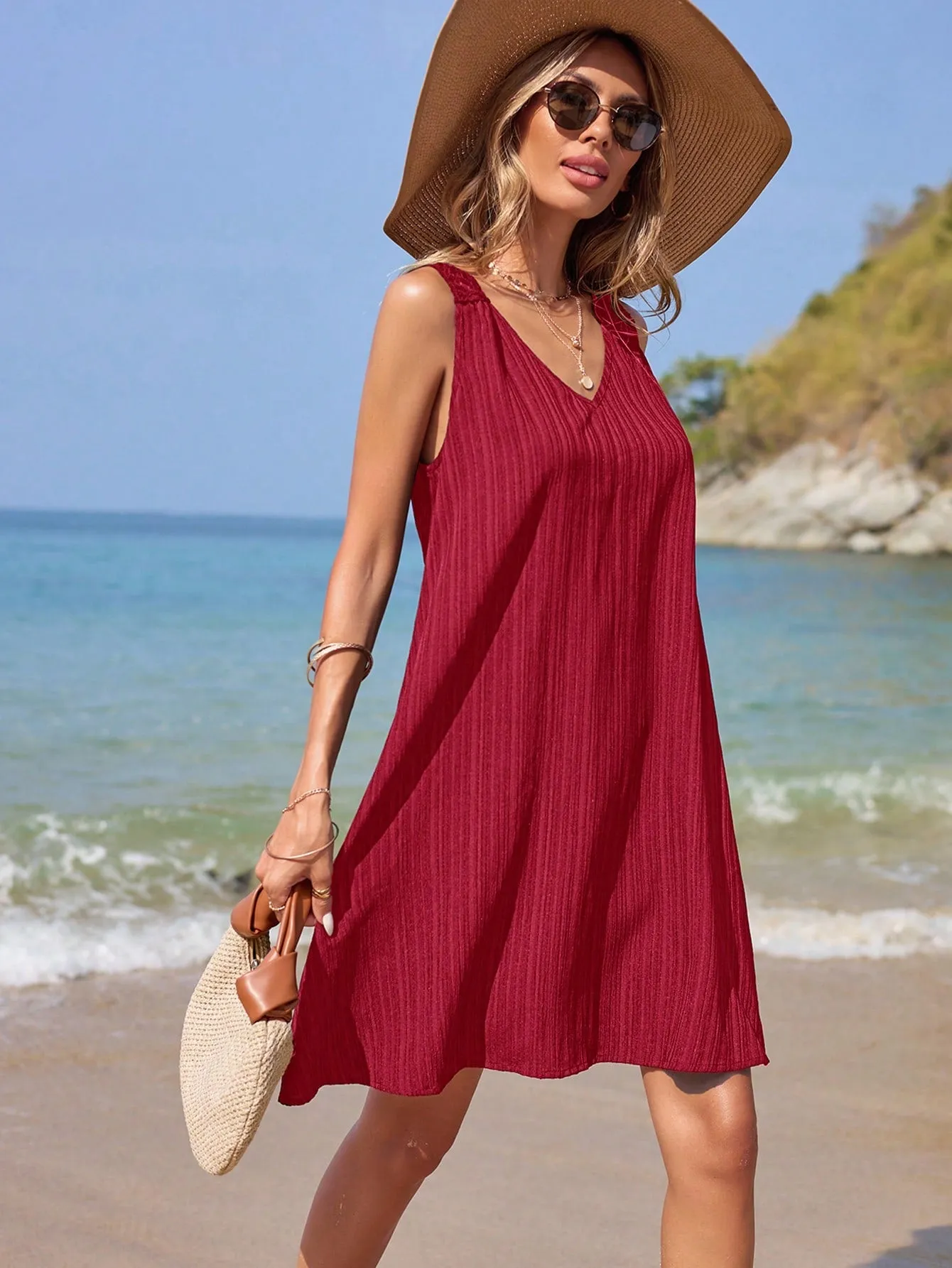 SHEIN Frenchy Summer Vacation Wedding Season, Casual Boho Chic Solid Color Exquisite Grain Fabric Panelled Dreamcatcher Crochet Hollow Out V-Neck Loose Doll Dress, Elegant Romantic, Cute Dress, Swimsuit Coverup