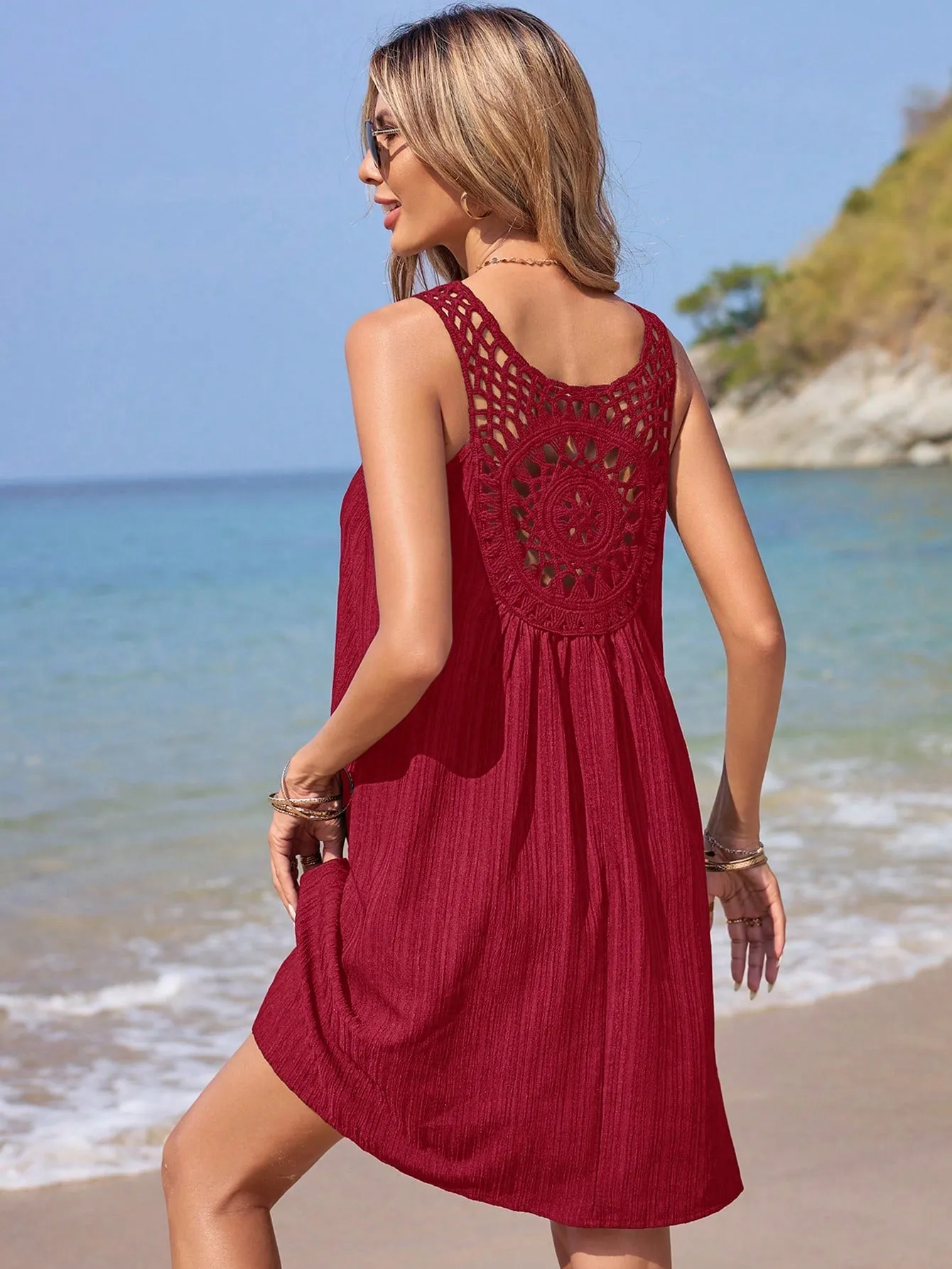SHEIN Frenchy Summer Vacation Wedding Season, Casual Boho Chic Solid Color Exquisite Grain Fabric Panelled Dreamcatcher Crochet Hollow Out V-Neck Loose Doll Dress, Elegant Romantic, Cute Dress, Swimsuit Coverup