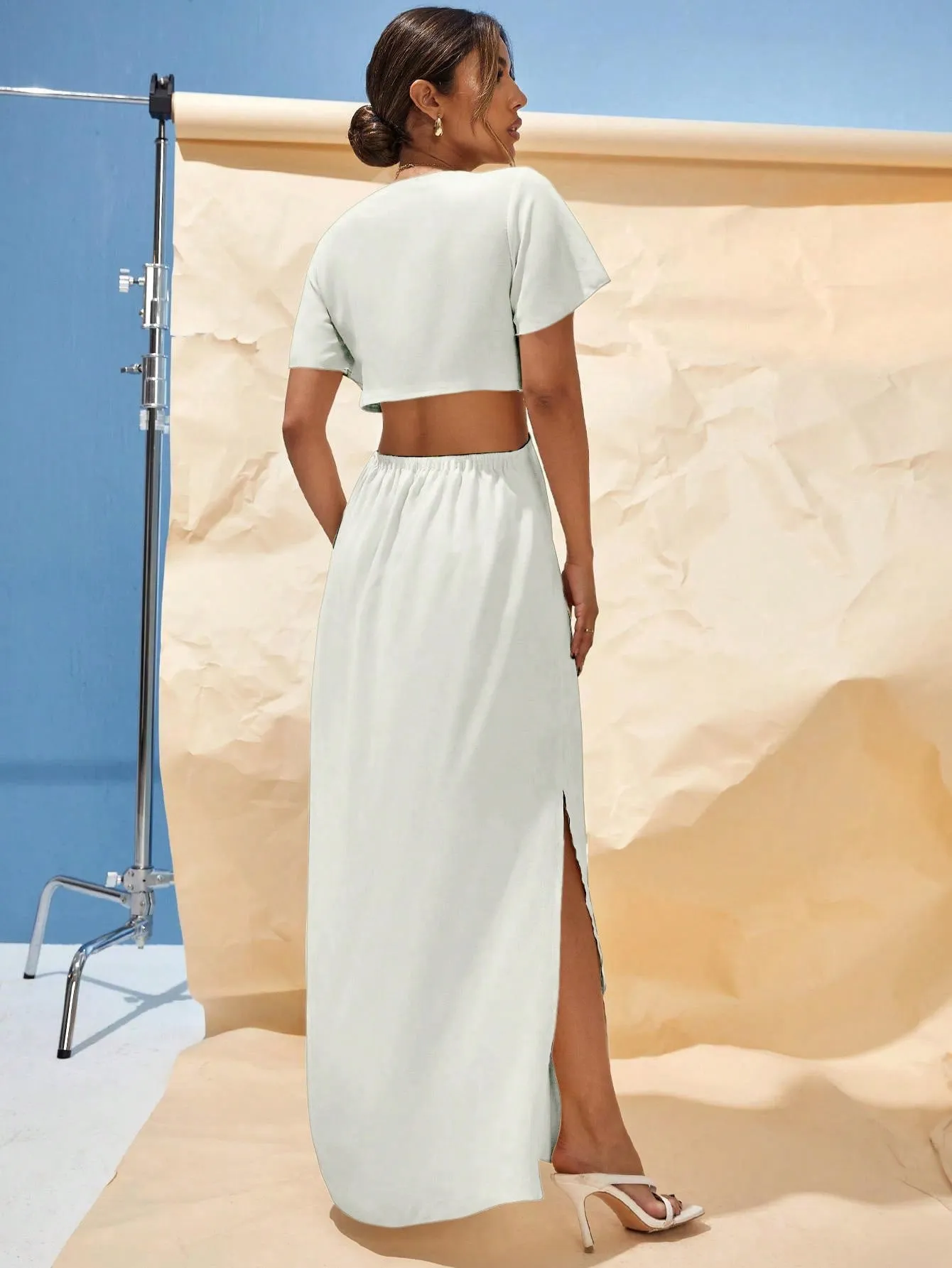 SHEIN X Tarsha Whitmore SHEIN VCAY Plunging Neck Knot Front Cut Out Waist Split Thigh Dress