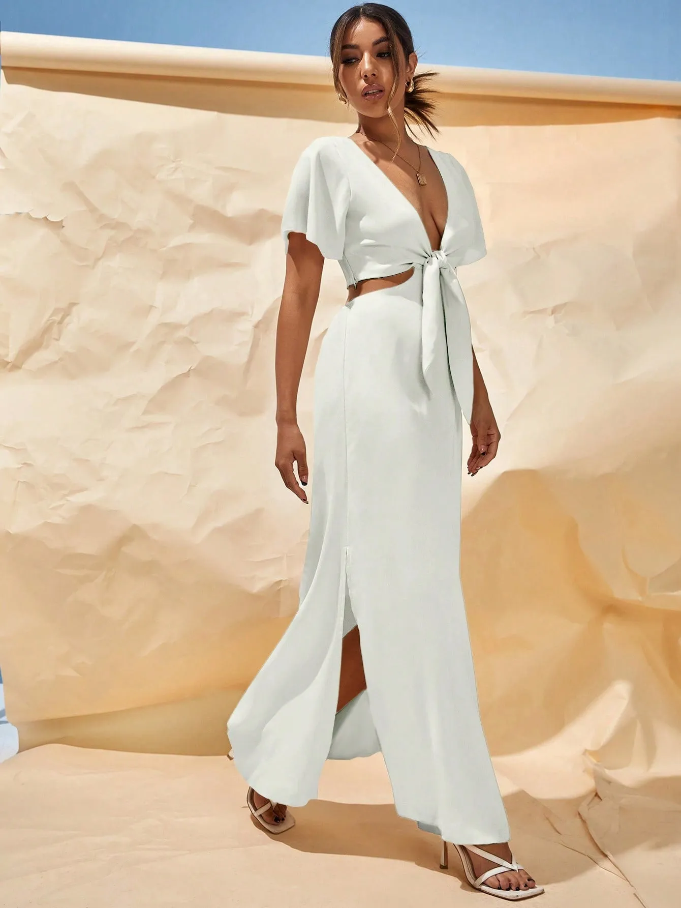 SHEIN X Tarsha Whitmore SHEIN VCAY Plunging Neck Knot Front Cut Out Waist Split Thigh Dress