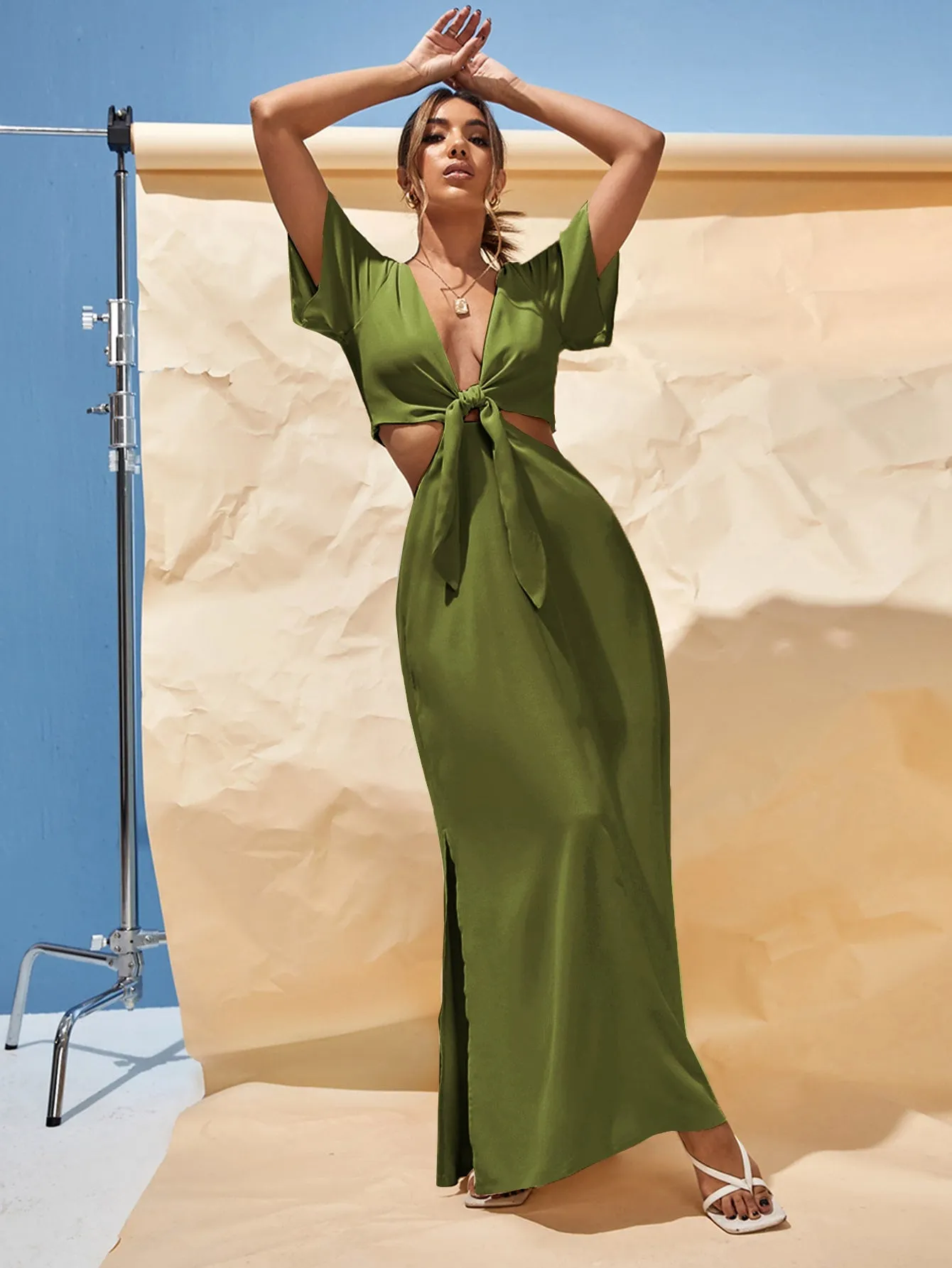 SHEIN X Tarsha Whitmore SHEIN VCAY Plunging Neck Knot Front Cut Out Waist Split Thigh Dress
