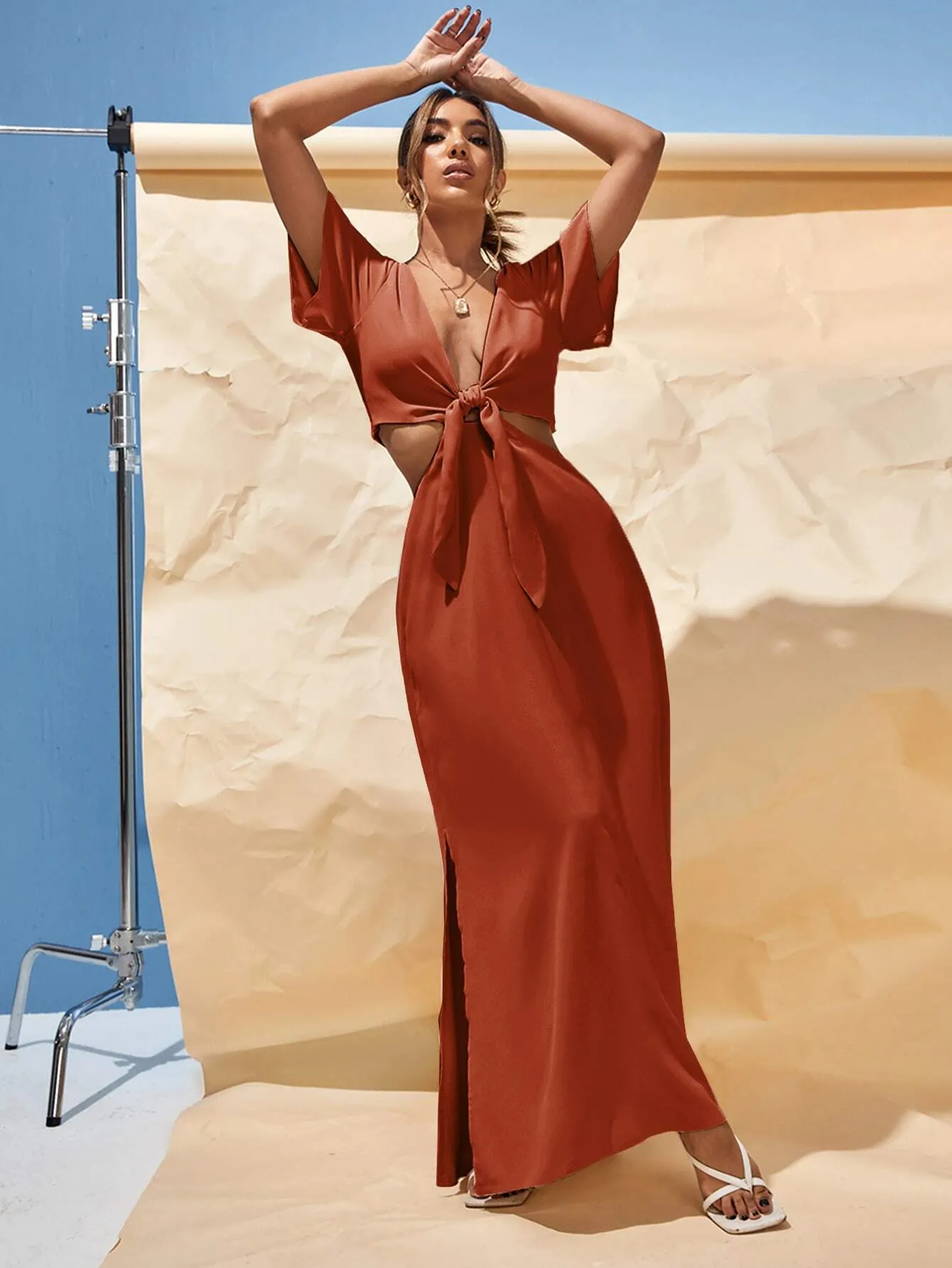 SHEIN X Tarsha Whitmore SHEIN VCAY Plunging Neck Knot Front Cut Out Waist Split Thigh Dress
