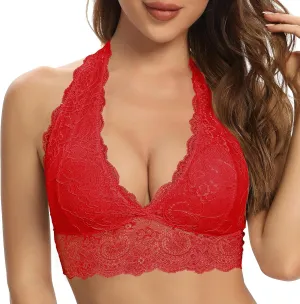 SHEKINI Women Floral Lace Bra Padded Breathable Bralette Halter Bra Wire Free Racerback Bra