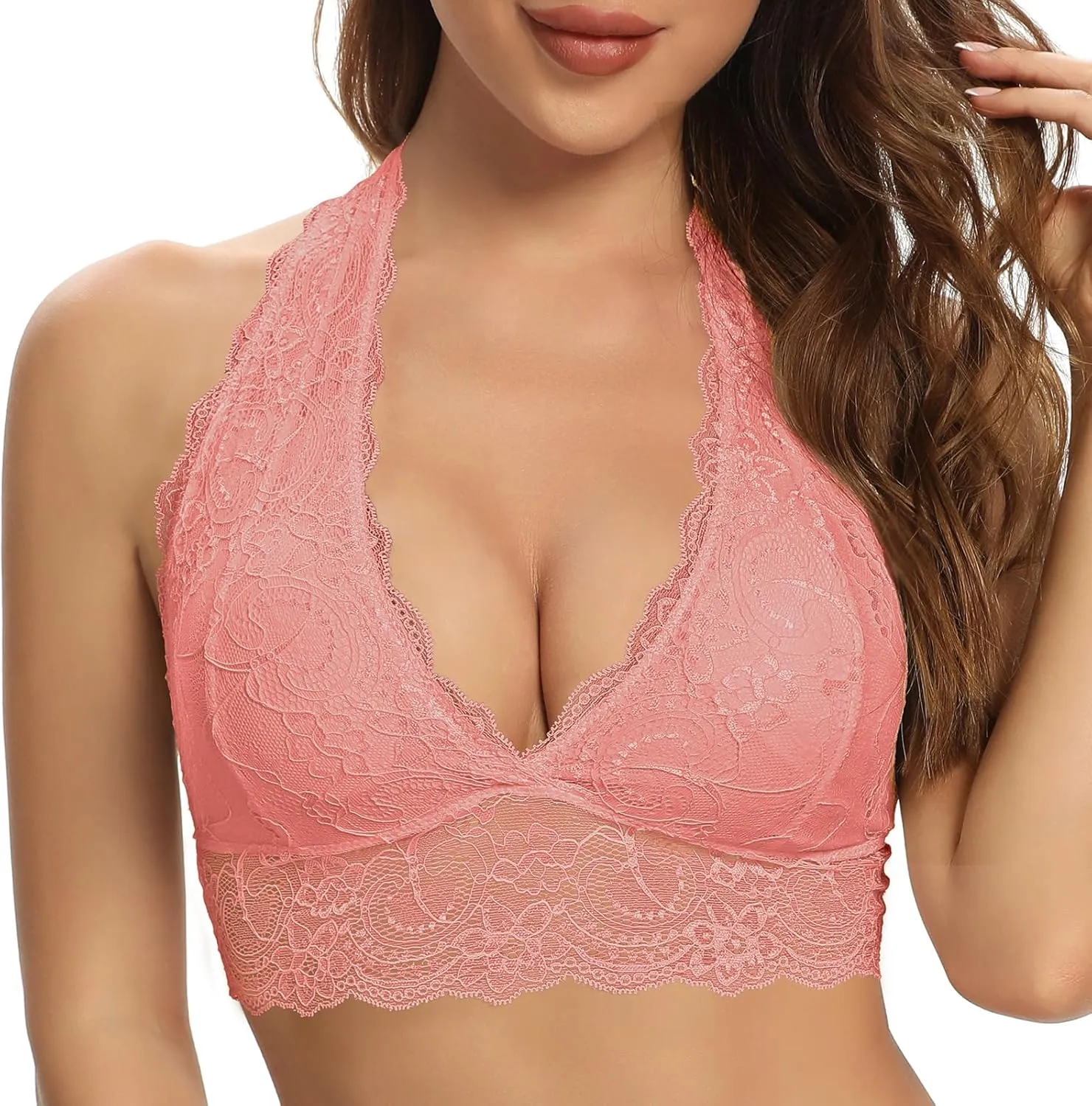 SHEKINI Women Floral Lace Bra Padded Breathable Bralette Halter Bra Wire Free Racerback Bra