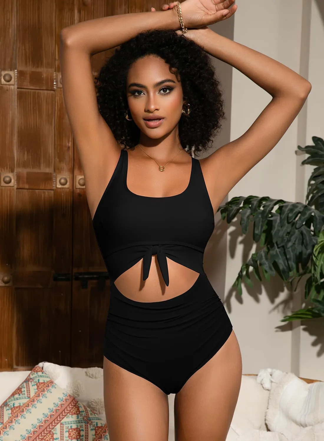 SHEKINI Women's Slimming Tummy Control Swimsuits Cutout Tie Knot One Piece Bathing Suit Padded Swimwear