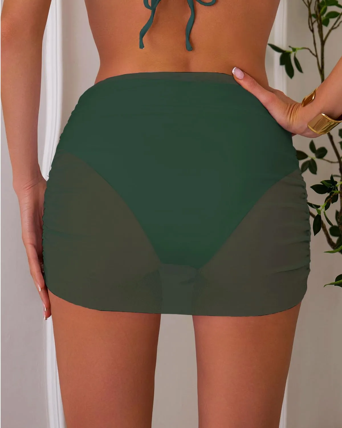 SherryDC Women's Ruched Mesh Bikini Swimsuit Bottoms High Waisted Sheer Short Swim Skirt