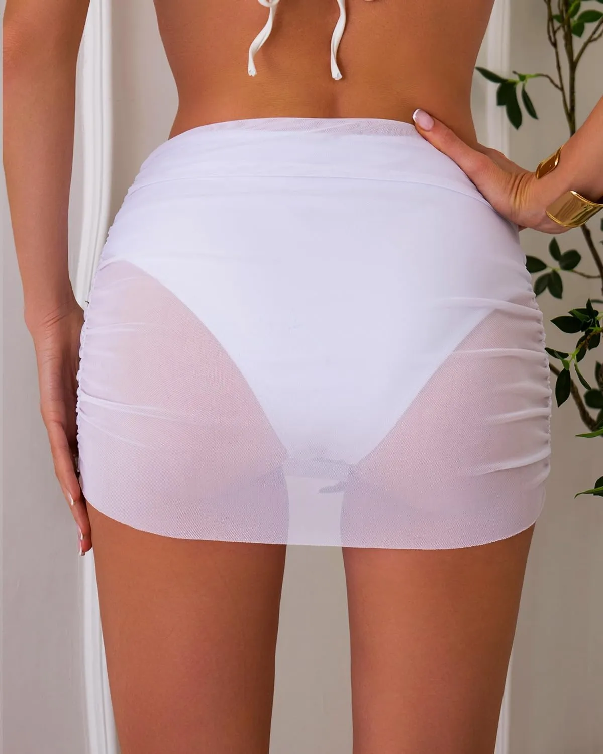 SherryDC Women's Ruched Mesh Bikini Swimsuit Bottoms High Waisted Sheer Short Swim Skirt
