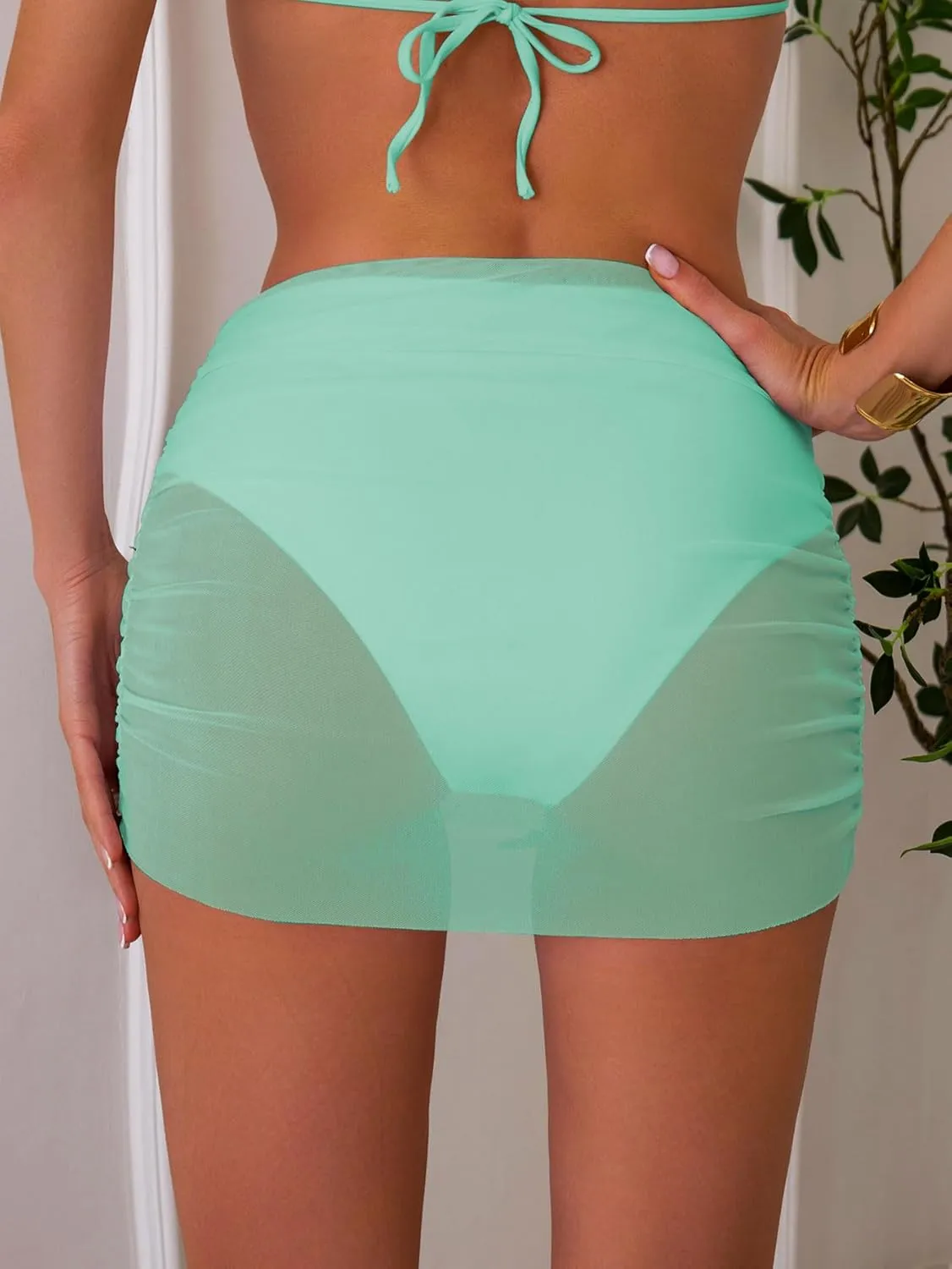 SherryDC Women's Ruched Mesh Bikini Swimsuit Bottoms High Waisted Sheer Short Swim Skirt