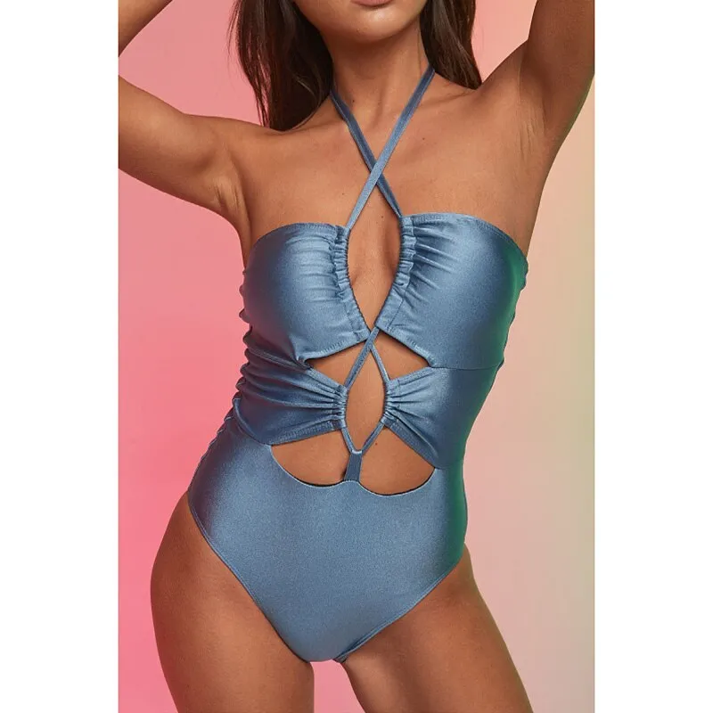 Shiny Swimsuit Women 2023 Monokini One Piece Swimsuits Hollow Out Bikini