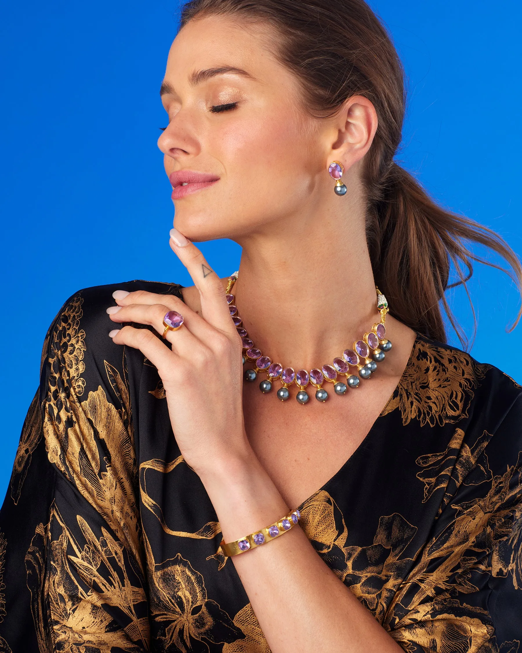 Shireen Black Silk Kaftan in Bronze Gold Floral Toile
