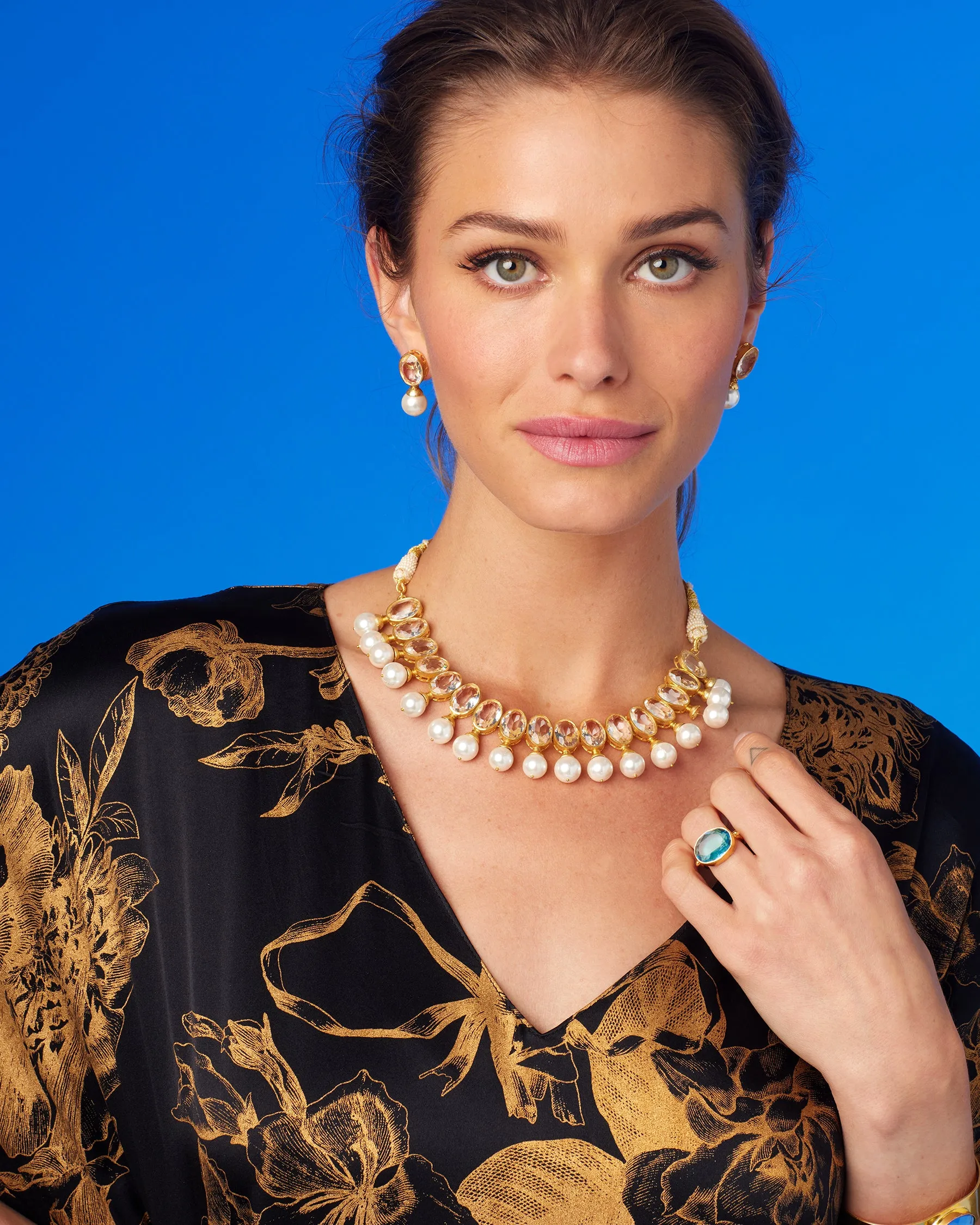 Shireen Black Silk Kaftan in Bronze Gold Floral Toile
