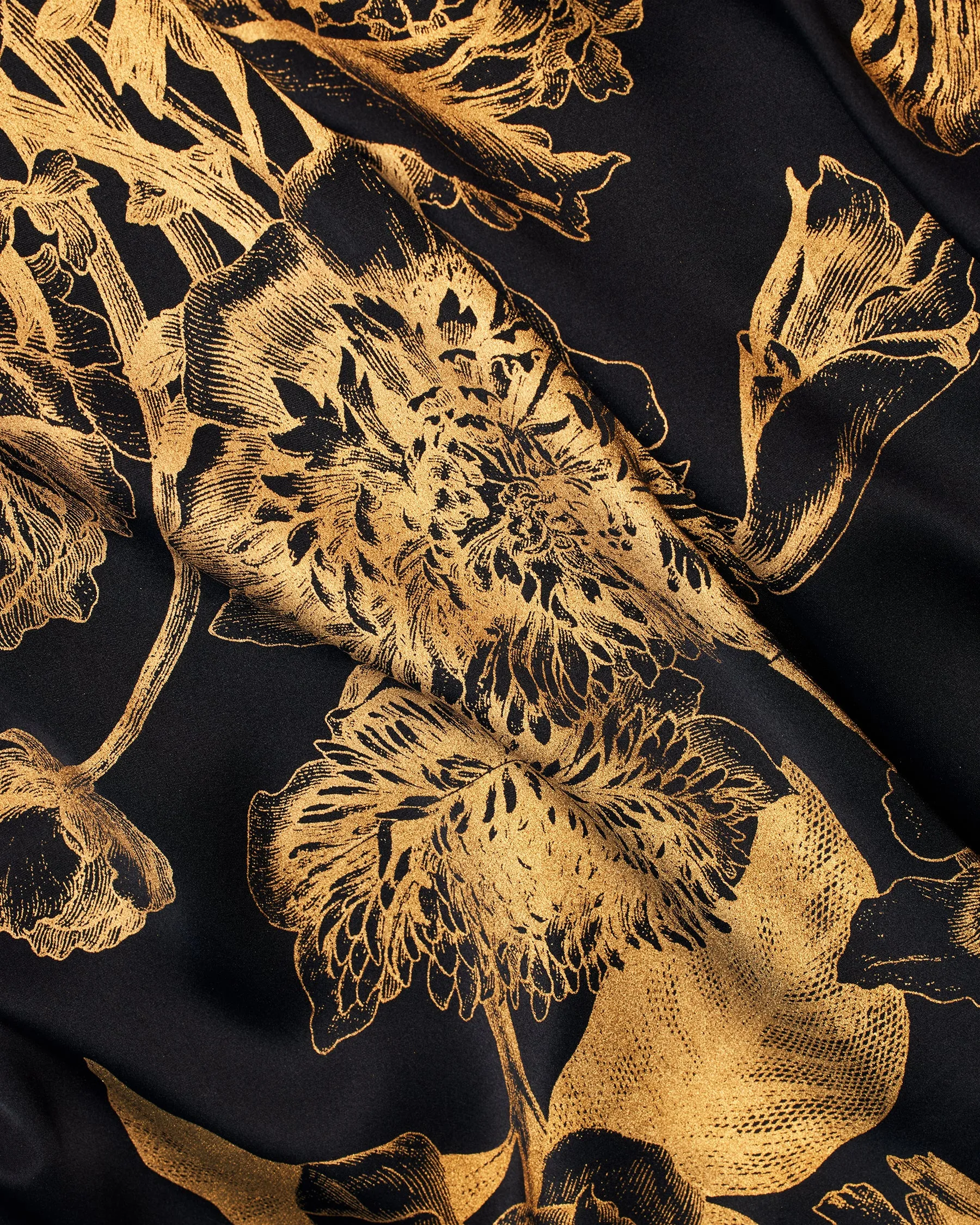 Shireen Black Silk Kaftan in Bronze Gold Floral Toile