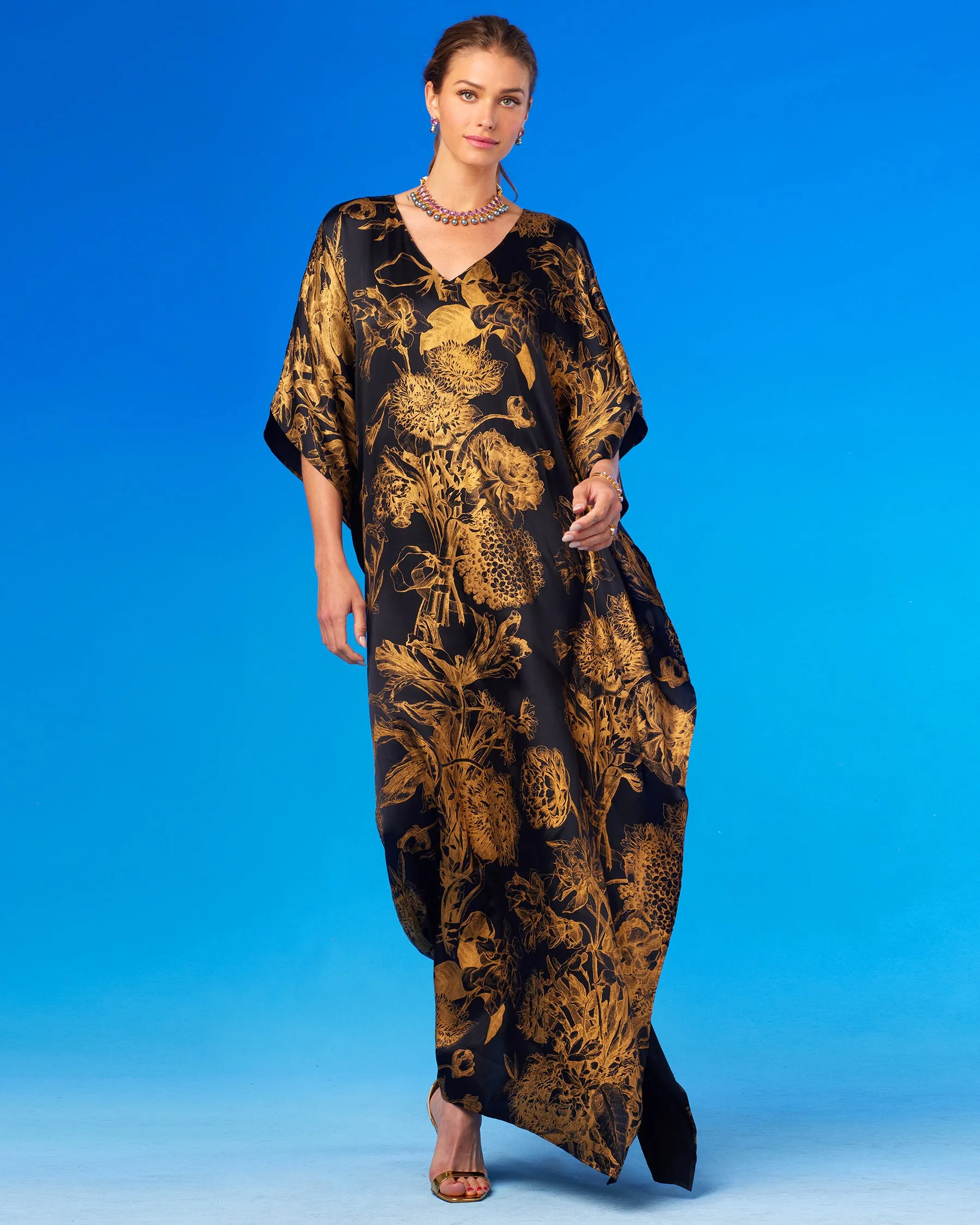 Shireen Black Silk Kaftan in Bronze Gold Floral Toile