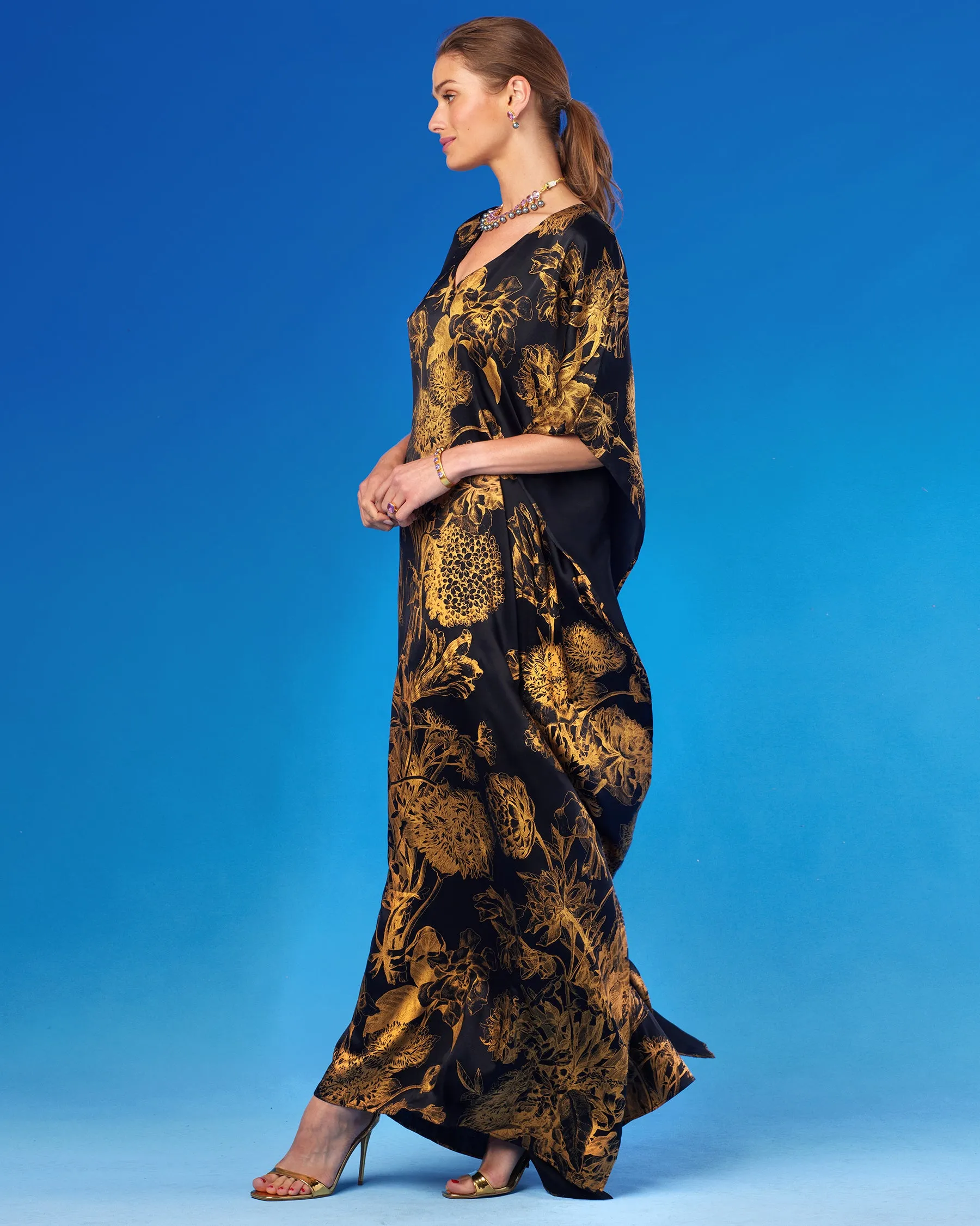 Shireen Black Silk Kaftan in Bronze Gold Floral Toile