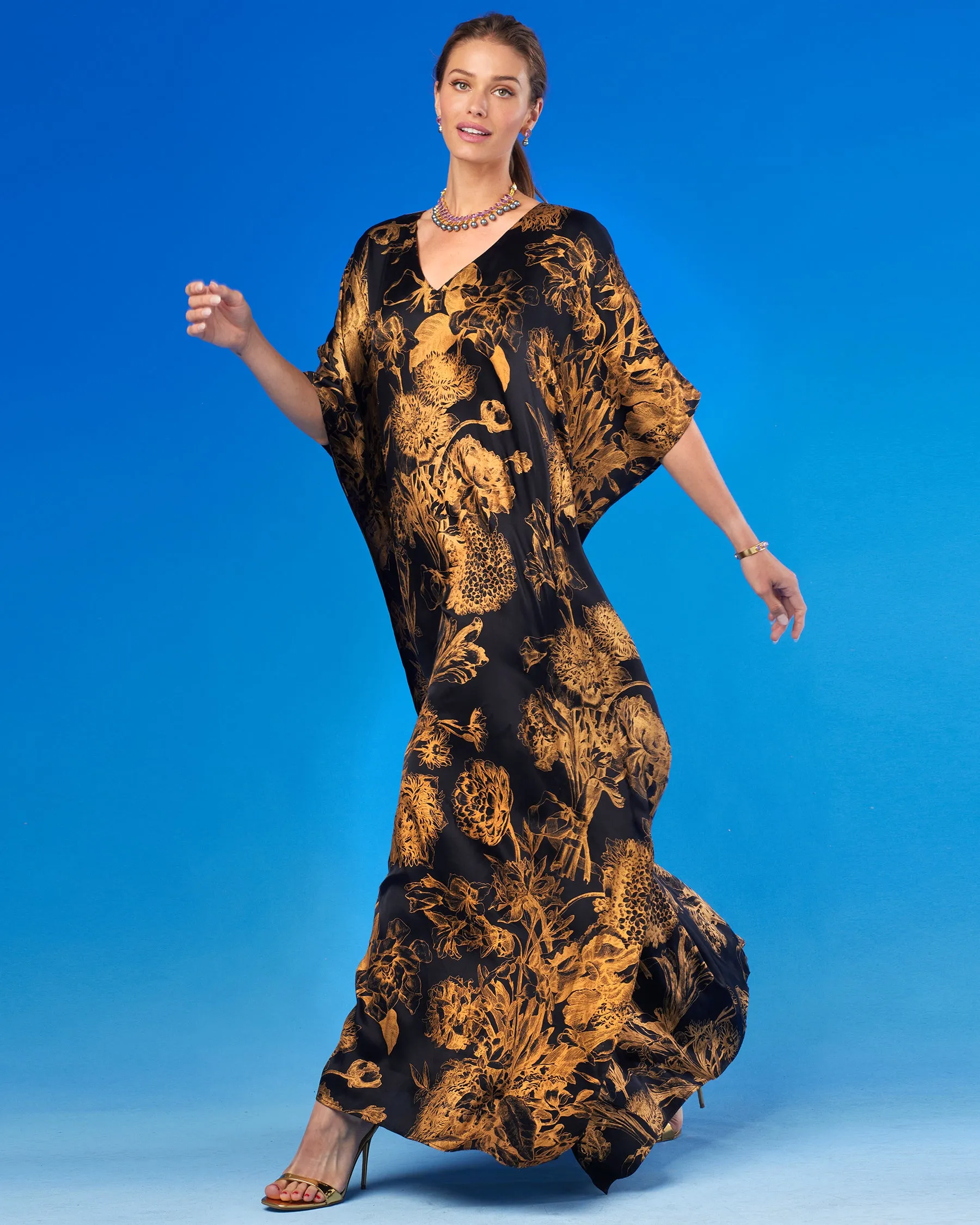 Shireen Black Silk Kaftan in Bronze Gold Floral Toile
