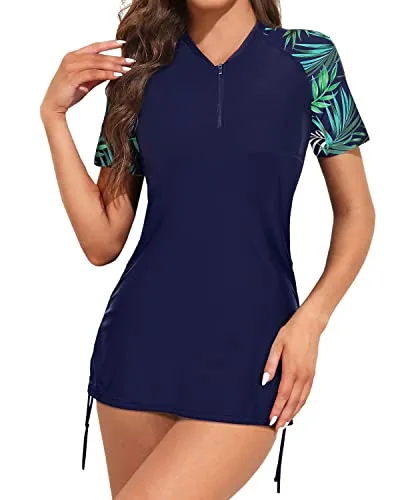 Short Sleeve Rash Guard Swim Shirt With Bottom Built In Bra For Women-Blue Leaf