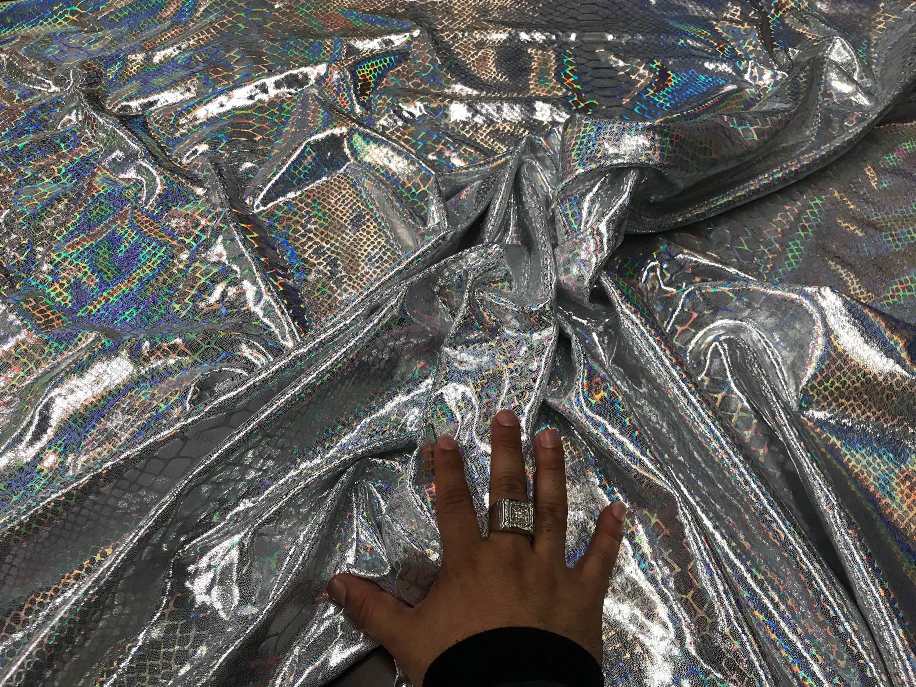 Silver iridescent dragon scales print on a 2 way Stretch nylon spandex-dresses-leggings-prom-nightgown decorations-fashion-sold by the yard.