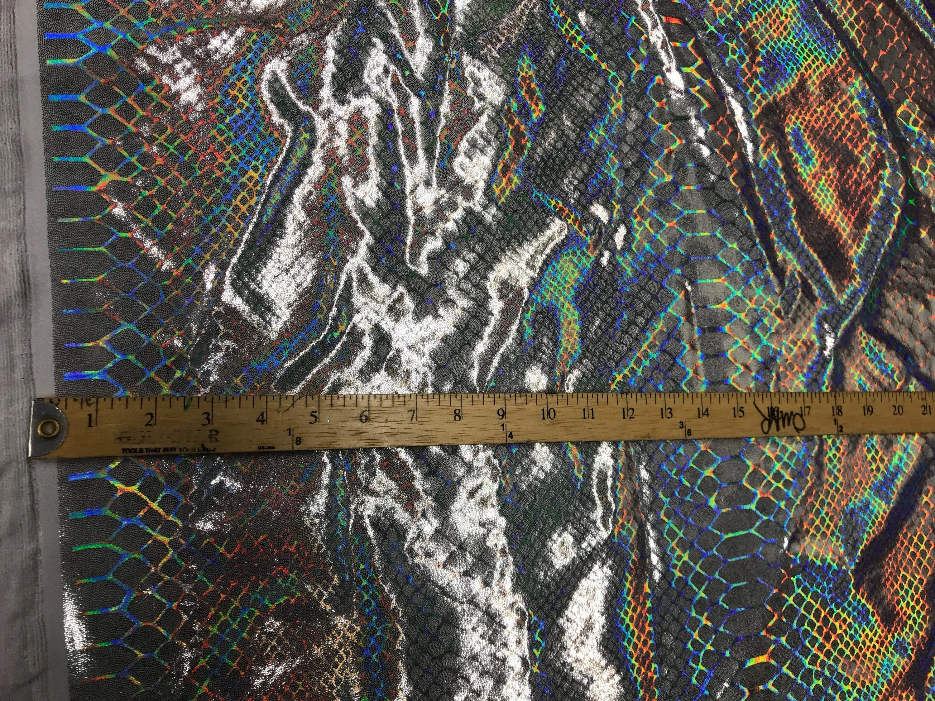 Silver iridescent dragon scales print on a 2 way Stretch nylon spandex-dresses-leggings-prom-nightgown decorations-fashion-sold by the yard.