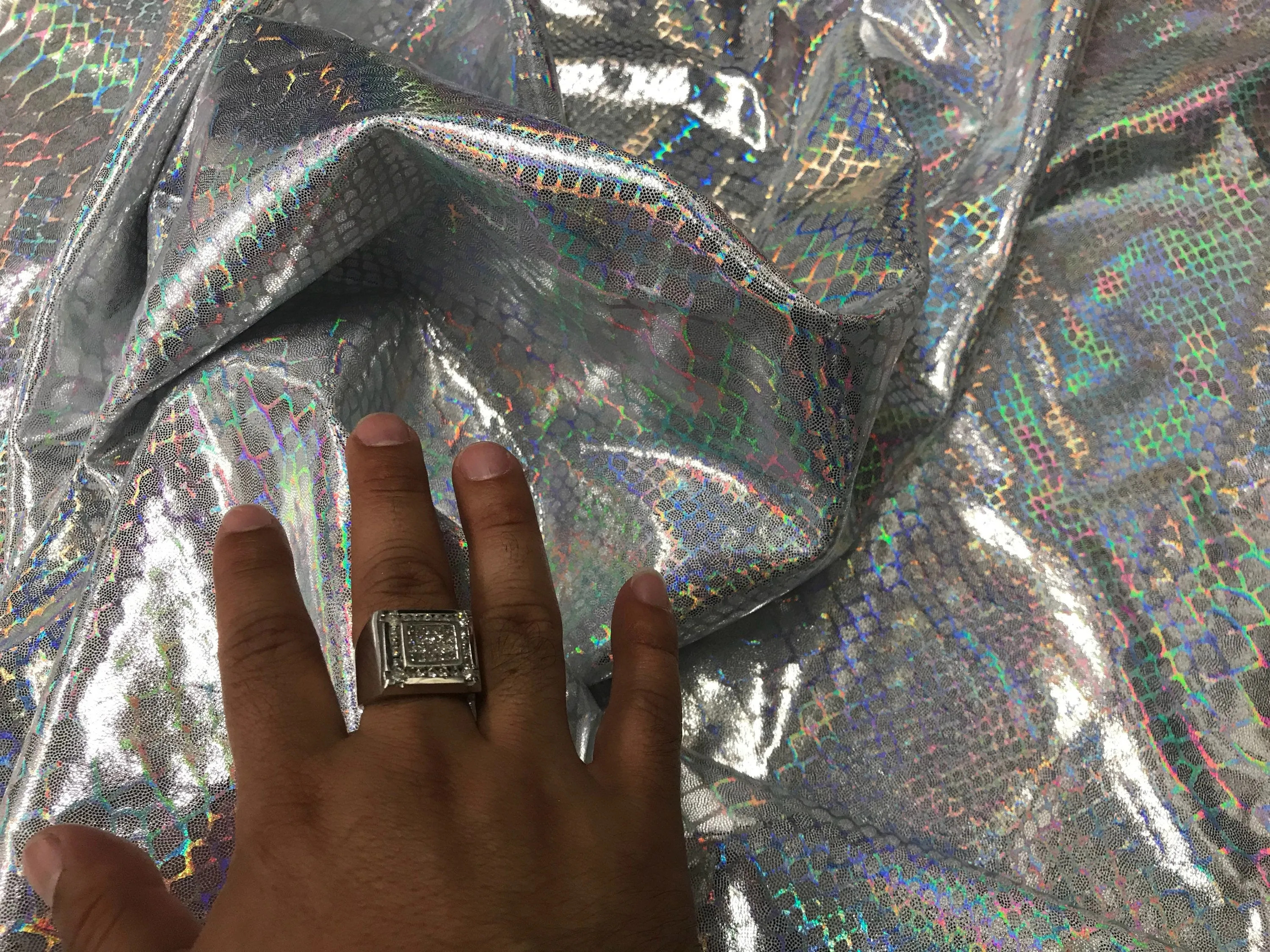 Silver iridescent dragon scales print on a 2 way Stretch nylon spandex-dresses-leggings-prom-nightgown decorations-fashion-sold by the yard.