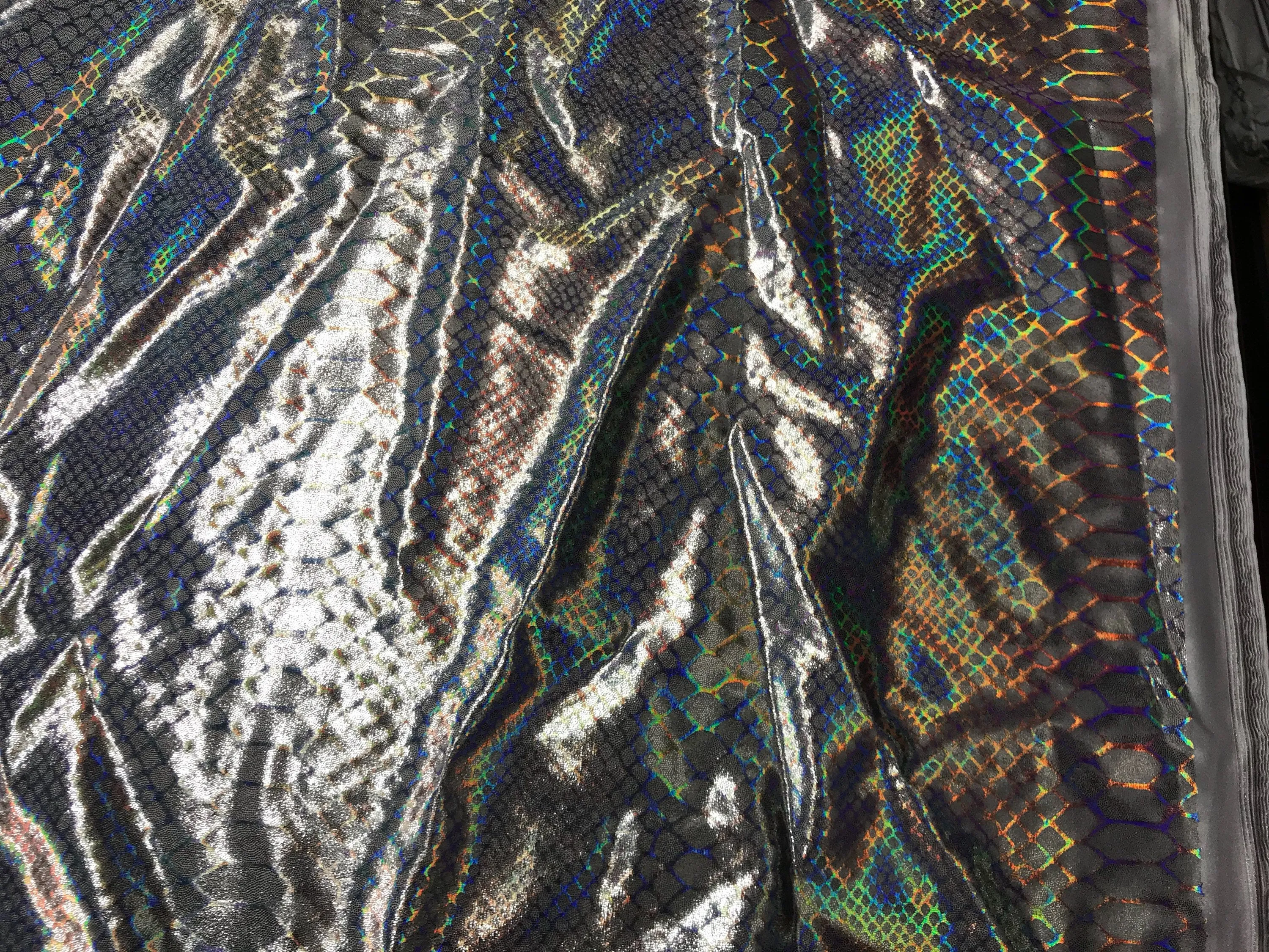 Silver iridescent dragon scales print on a 2 way Stretch nylon spandex-dresses-leggings-prom-nightgown decorations-fashion-sold by the yard.