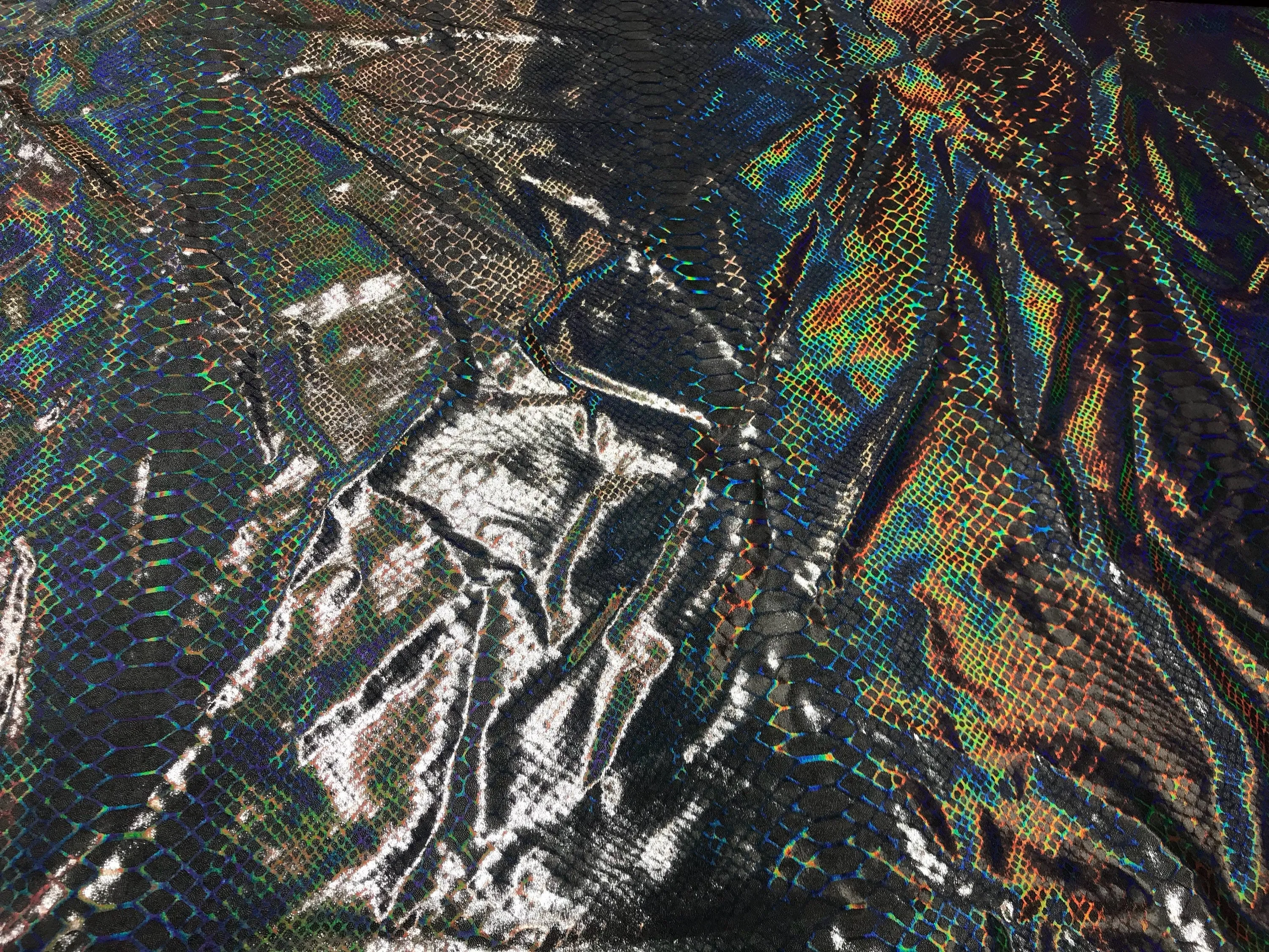 Silver iridescent dragon scales print on a 2 way Stretch nylon spandex-dresses-leggings-prom-nightgown decorations-fashion-sold by the yard.