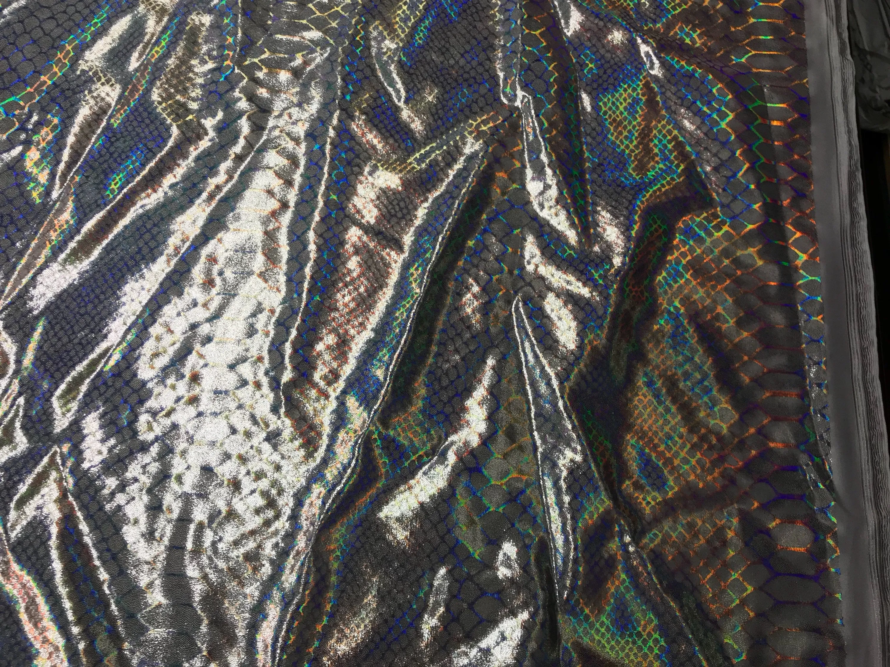 Silver iridescent dragon scales print on a 2 way Stretch nylon spandex-dresses-leggings-prom-nightgown decorations-fashion-sold by the yard.