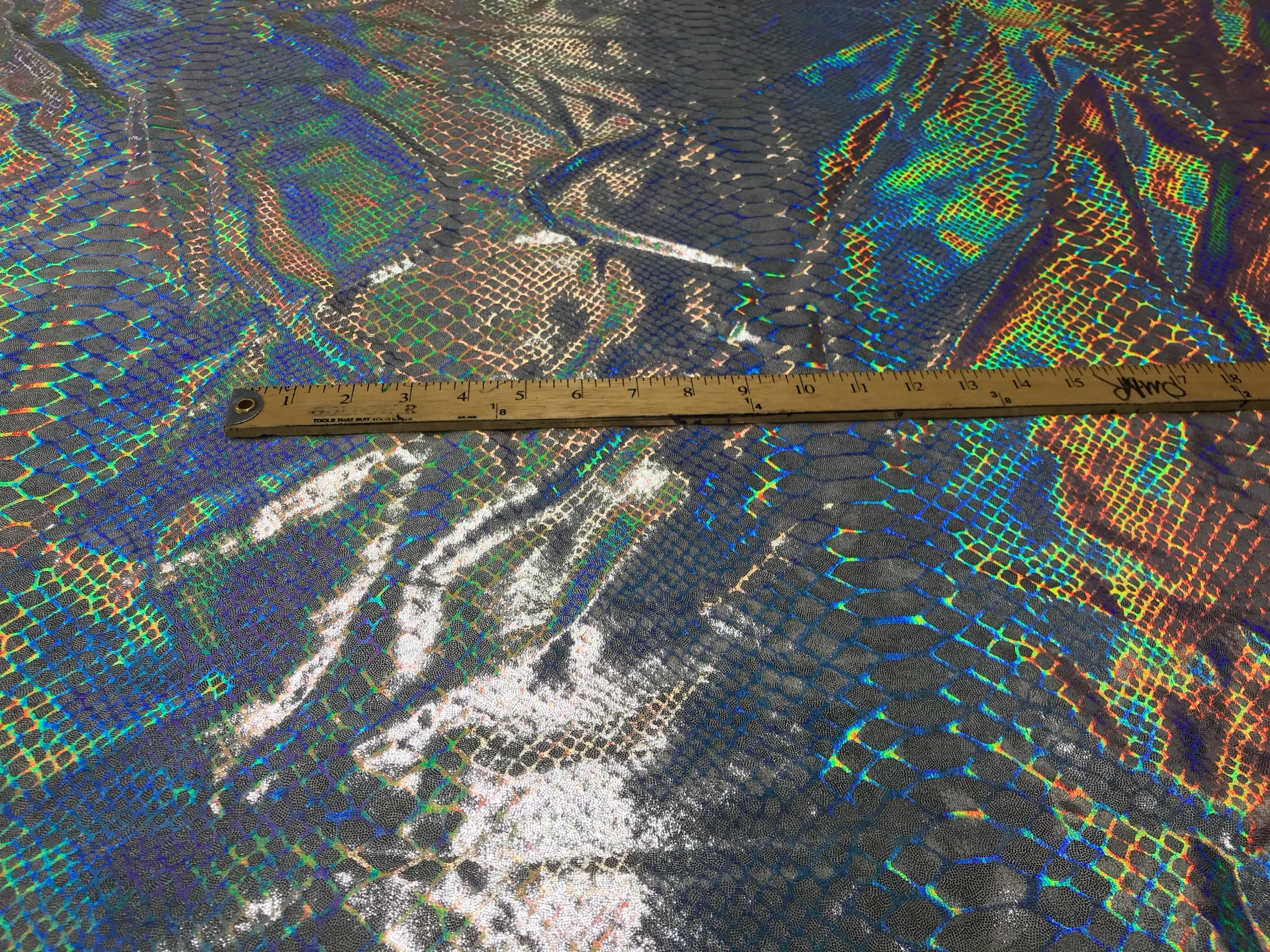 Silver iridescent dragon scales print on a 2 way Stretch nylon spandex-dresses-leggings-prom-nightgown decorations-fashion-sold by the yard.