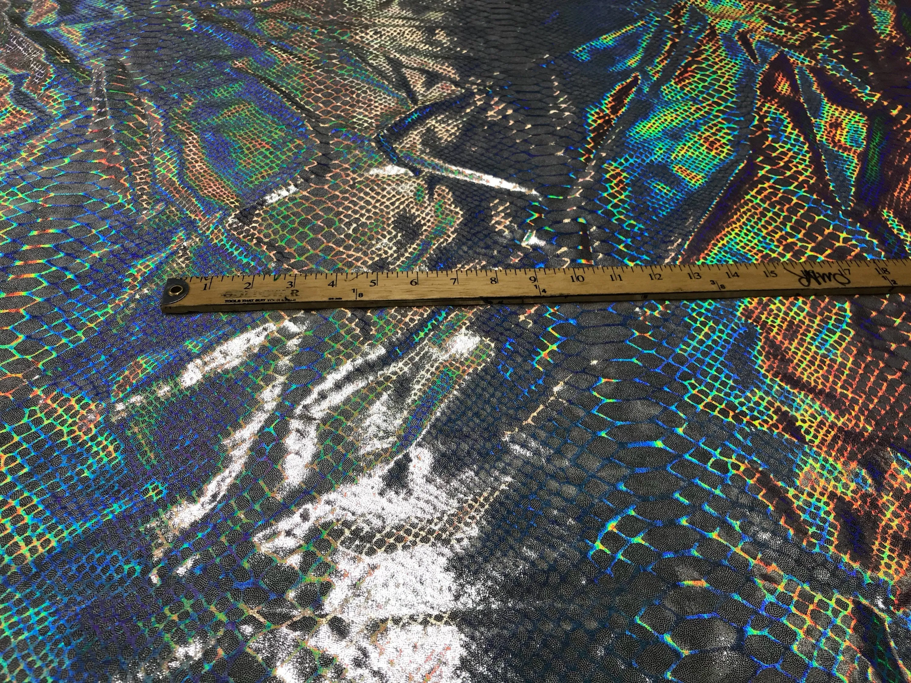 Silver iridescent dragon scales print on a 2 way Stretch nylon spandex-dresses-leggings-prom-nightgown decorations-fashion-sold by the yard.