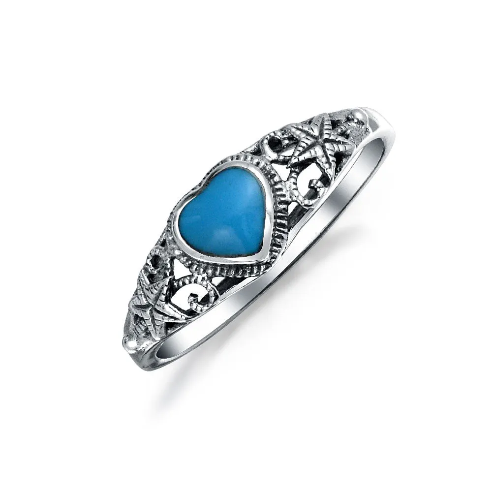 Silver Ring with Nautical Starfish and Turquoise Heart - December Birthstone