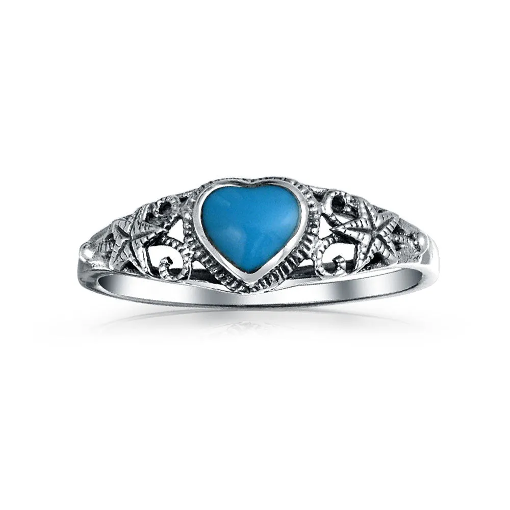 Silver Ring with Nautical Starfish and Turquoise Heart - December Birthstone