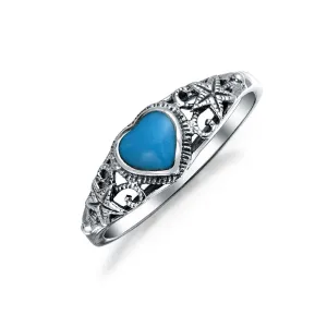 Silver Ring with Nautical Starfish and Turquoise Heart - December Birthstone