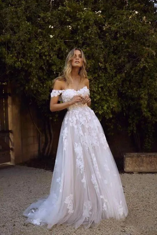 Simple A-Line Off the Shoulder White Beach Wedding Dresses PFW0372