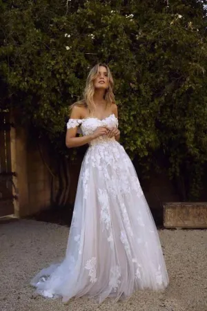 Simple A-Line Off the Shoulder White Beach Wedding Dresses PFW0372