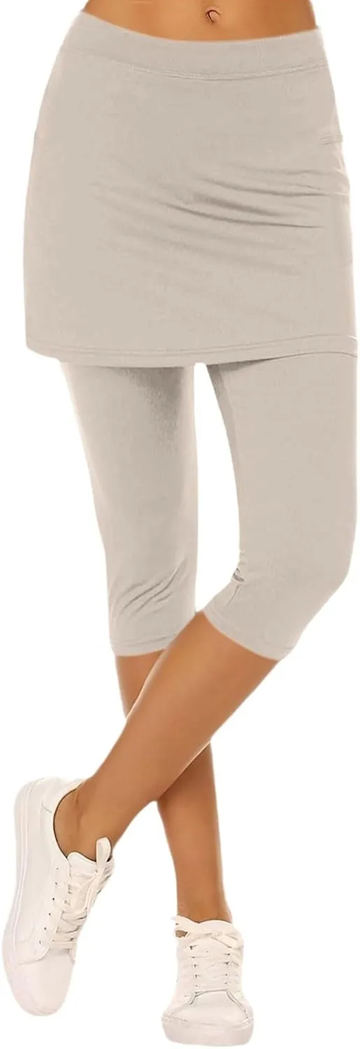 Skirted Leggings for Women Athletic Pickleball Tennis Skorts Capris Elastic Waist Workout Gym Yoga Legging with Skirt
