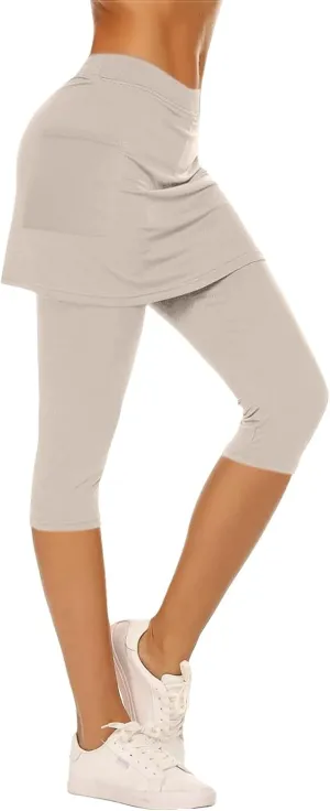 Skirted Leggings for Women Athletic Pickleball Tennis Skorts Capris Elastic Waist Workout Gym Yoga Legging with Skirt