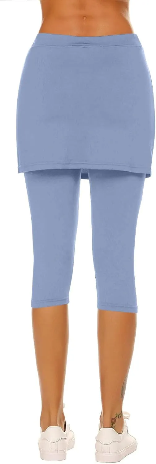 Skirted Leggings for Women Athletic Pickleball Tennis Skorts Capris Elastic Waist Workout Gym Yoga Legging with Skirt