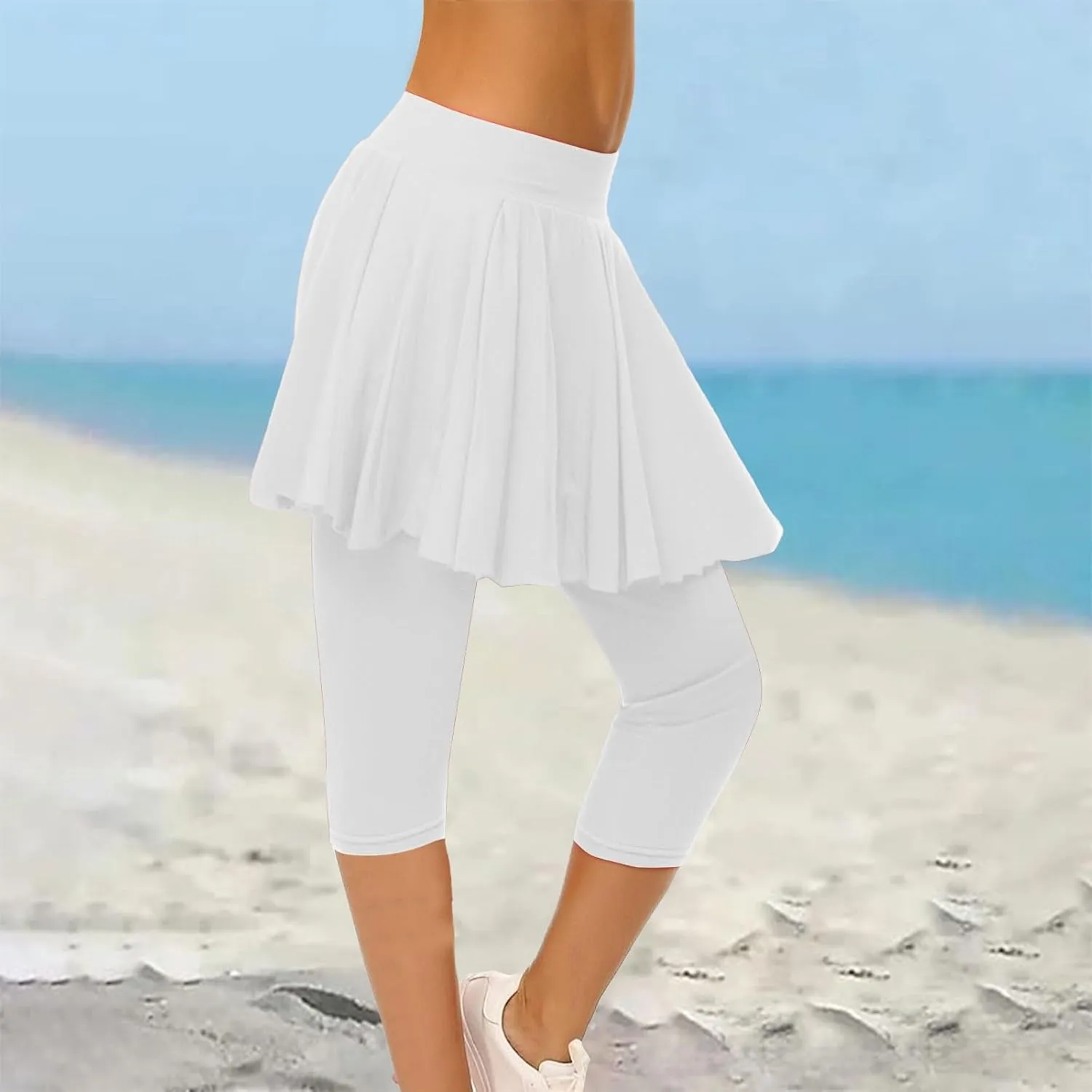 Skirted Leggings for Women High Waist Knee Length Golf Tennis Capri Yoga Pants Pleated Skirt Athletic Running Skorts