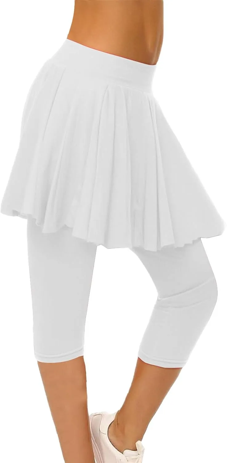 Skirted Leggings for Women High Waist Knee Length Golf Tennis Capri Yoga Pants Pleated Skirt Athletic Running Skorts