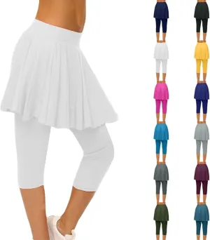 Skirted Leggings for Women High Waist Knee Length Golf Tennis Capri Yoga Pants Pleated Skirt Athletic Running Skorts