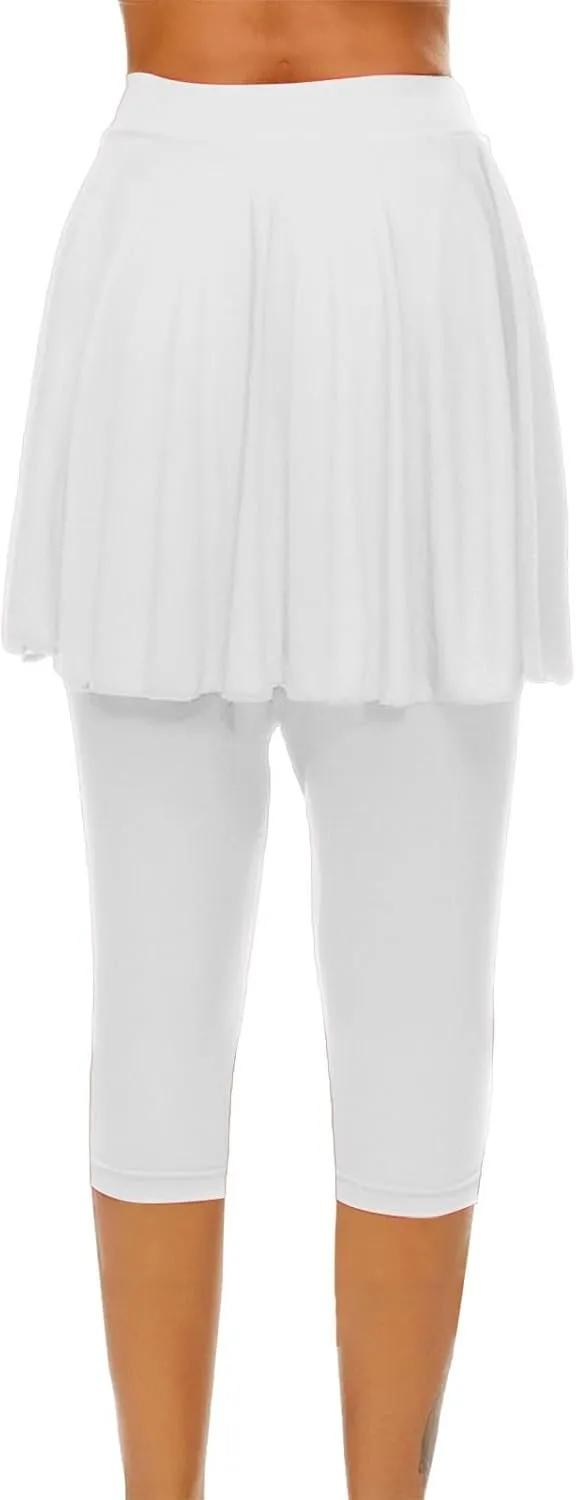 Skirted Leggings for Women High Waist Knee Length Golf Tennis Capri Yoga Pants Pleated Skirt Athletic Running Skorts