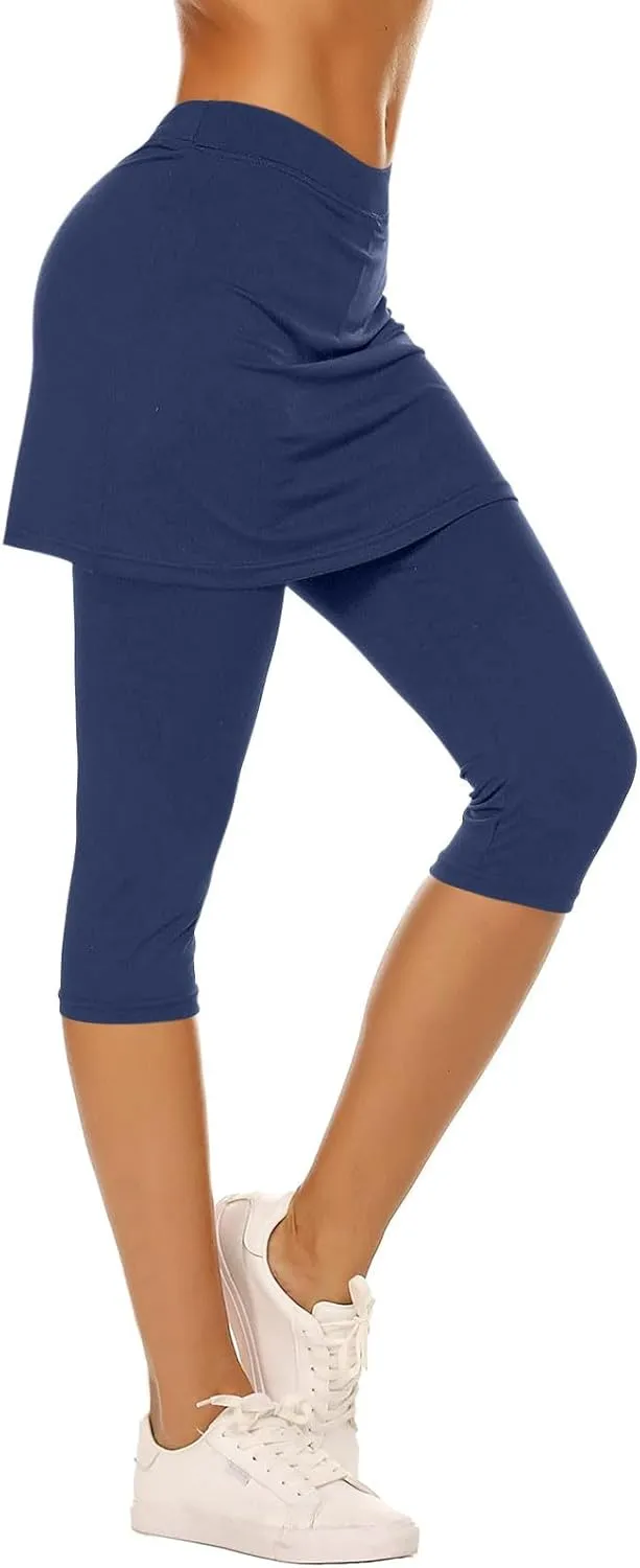 Skirted Leggings for Women Trendy Tennis Golf Skorts Capris Gym Tennis Yoga Legging with Skirts