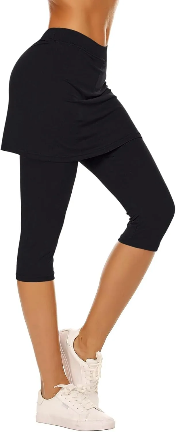 Skirted Leggings for Women Trendy Tennis Golf Skorts Capris Gym Tennis Yoga Legging with Skirts