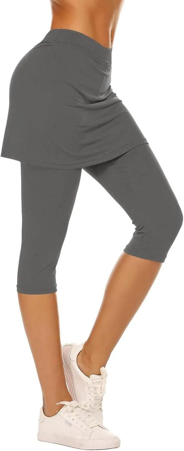 Skirted Leggings for Women Trendy Tennis Golf Skorts Capris Gym Tennis Yoga Legging with Skirts