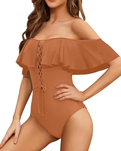 Slimming Longer Torso One Piece Lace Up Ruffled Swimsuit For Women-Brown