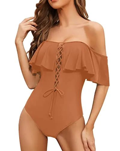 Slimming Longer Torso One Piece Lace Up Ruffled Swimsuit For Women-Brown