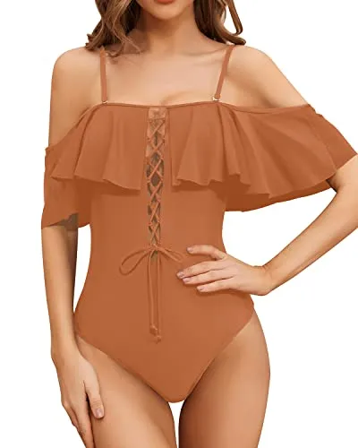 Slimming Longer Torso One Piece Lace Up Ruffled Swimsuit For Women-Brown