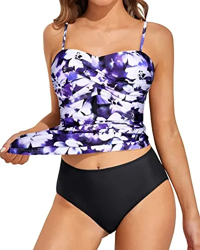 Slimming Tummy Control Bandeau Tankini Tops For Women Swimwear-Blue Floral